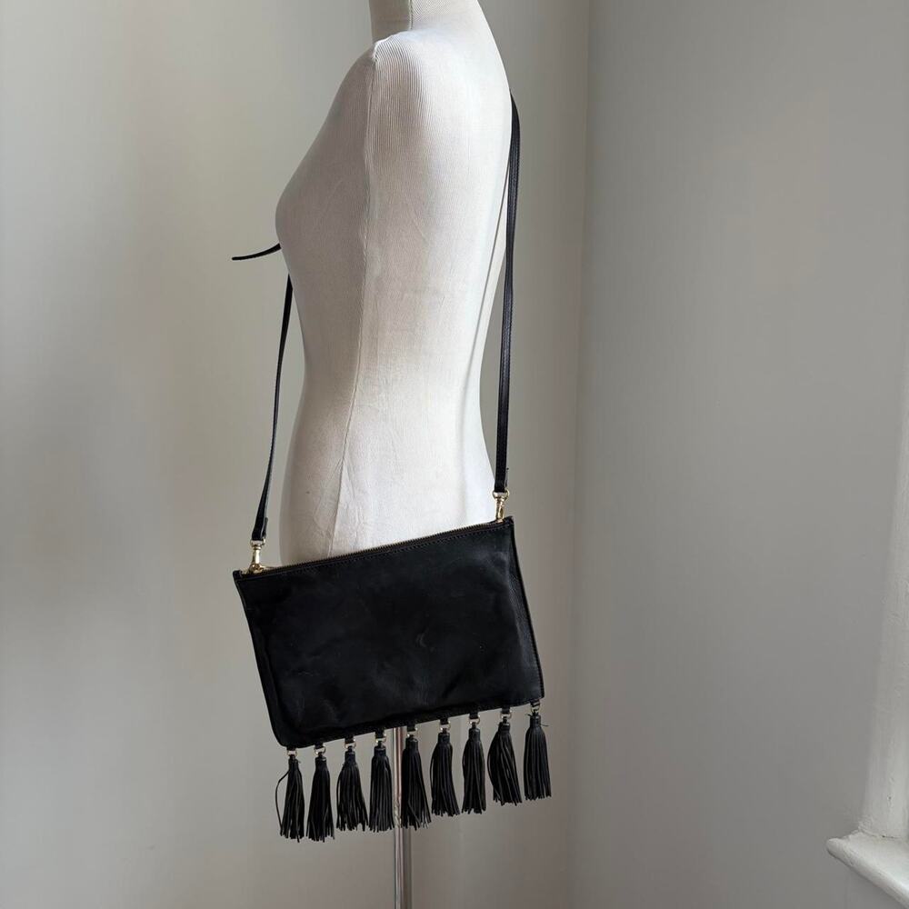 Black Leather Crossbody Bag with Tassles